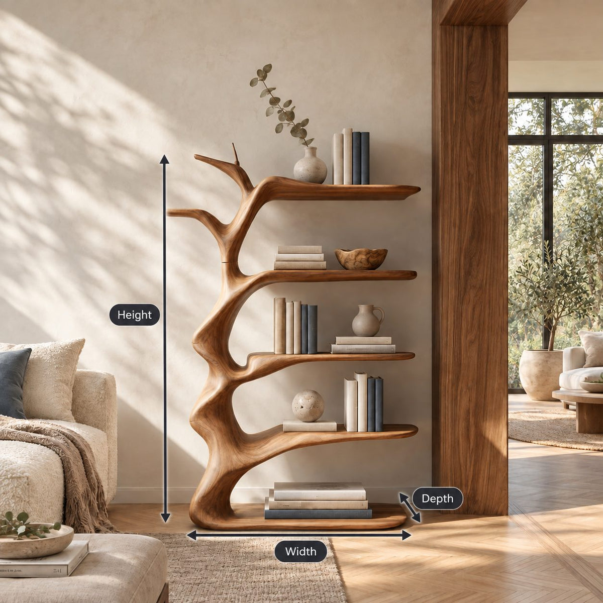Branching Tree Bookshelf with Antler Like Limbs, Narrow Sculptural Solid Wood Bookcase for Living Room