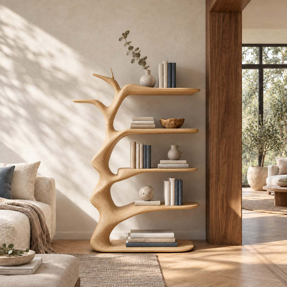 Branching Tree Bookshelf with Antler Like Limbs, Narrow Sculptural Solid Wood Bookcase for Living Room