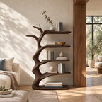 Branching Tree Bookshelf with Antler Like Limbs, Narrow Sculptural Solid Wood Bookcase for Living Room