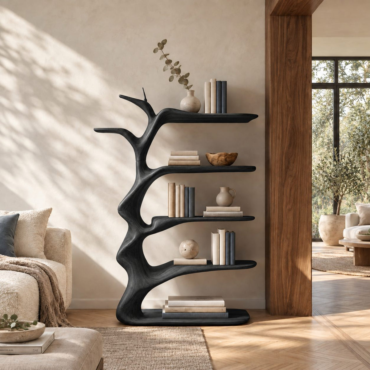 Branching Tree Bookshelf with Antler Like Limbs, Narrow Sculptural Solid Wood Bookcase for Living Room