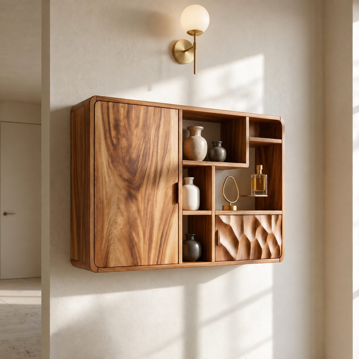 Asymmetric Cubby Bathroom Wall Cabinet with Tall Door and Dimpled Carved Front, Solid Wood 40-71 Inch
