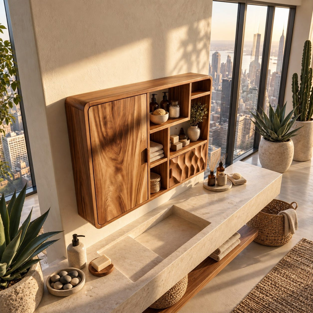 Asymmetric Cubby Bathroom Wall Cabinet with Tall Door and Dimpled Carved Front, Solid Wood 40-71 Inch