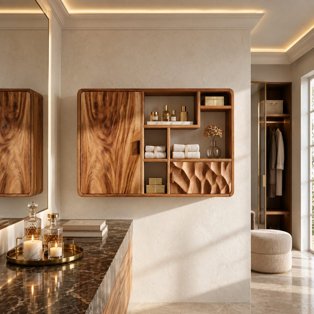 Asymmetric Cubby Bathroom Wall Cabinet with Tall Door and Dimpled Carved Front, Solid Wood 40-71 Inch