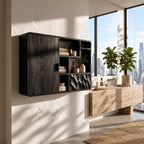 Asymmetric Cubby Bathroom Wall Cabinet with Tall Door and Dimpled Carved Front, Solid Wood 40-71 Inch