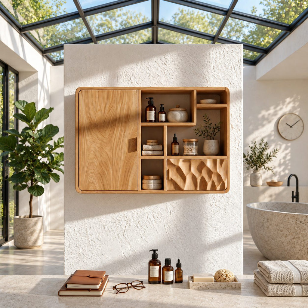 Asymmetric Cubby Bathroom Wall Cabinet with Tall Door and Dimpled Carved Front, Solid Wood 40-71 Inch
