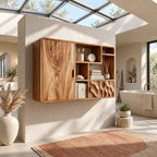 Asymmetric Cubby Bathroom Wall Cabinet with Tall Door and Dimpled Carved Front, Solid Wood 40-71 Inch