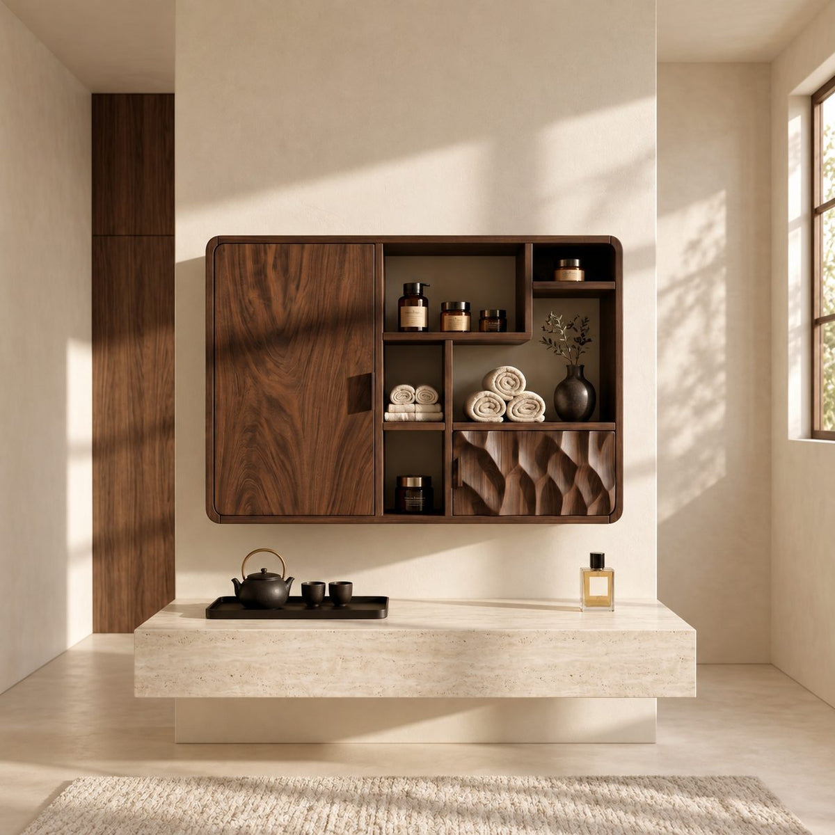 Asymmetric Cubby Bathroom Wall Cabinet with Tall Door and Dimpled Carved Front, Solid Wood 40-71 Inch