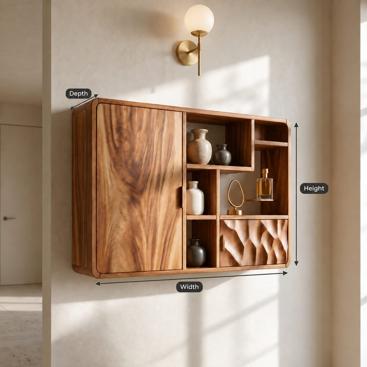 Asymmetric Cubby Bathroom Wall Cabinet with Tall Door and Dimpled Carved Front, Solid Wood 40-71 Inch