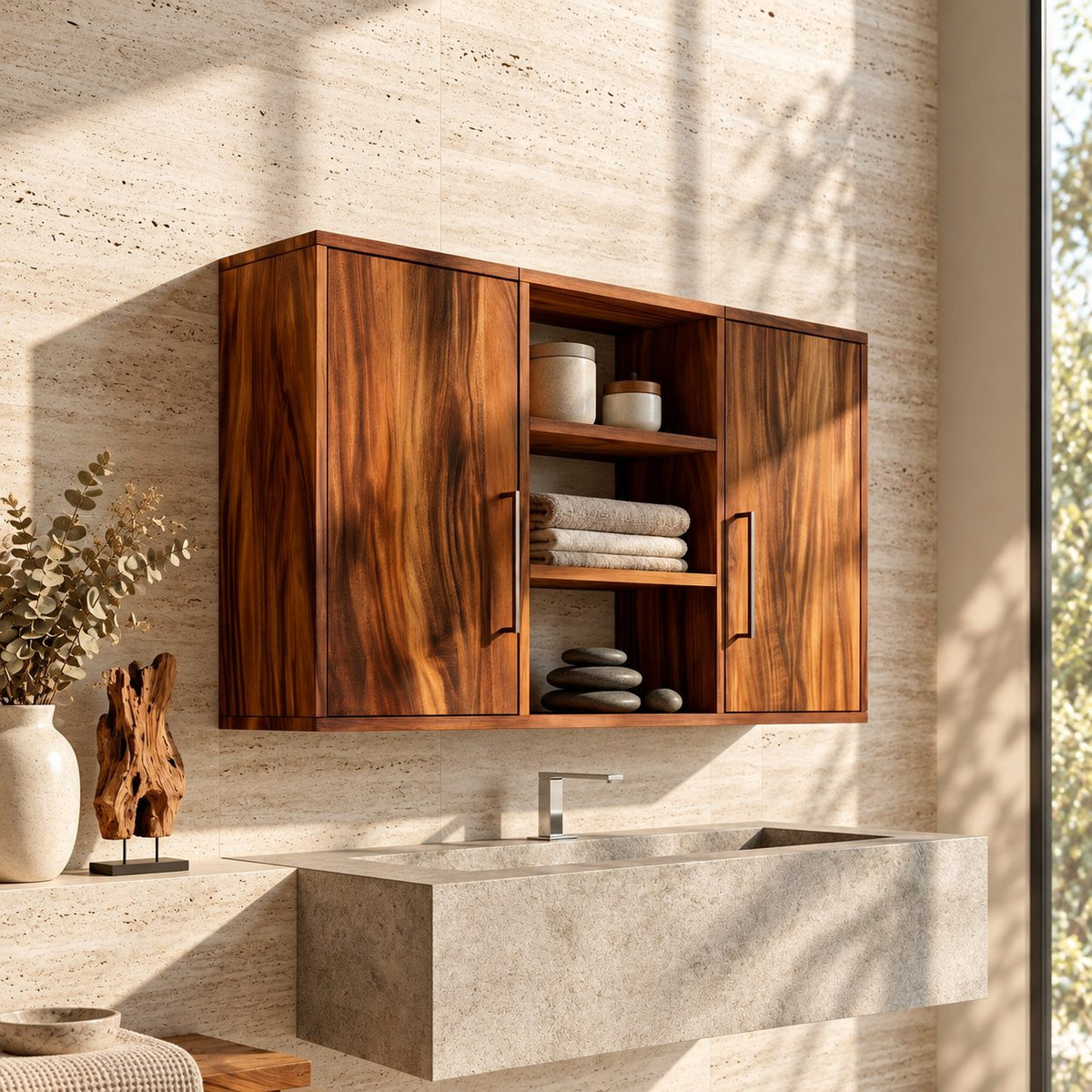 Clean Line Two Door Bathroom Wall Cabinet with Open Center Shelves, Minimalist Solid Wood 40-71 Inch