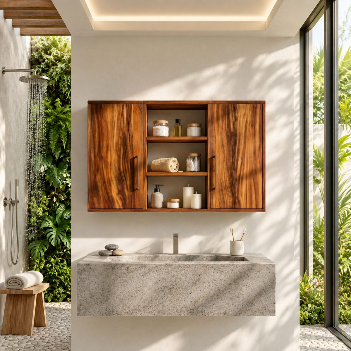 Clean Line Two Door Bathroom Wall Cabinet with Open Center Shelves, Minimalist Solid Wood 40-71 Inch
