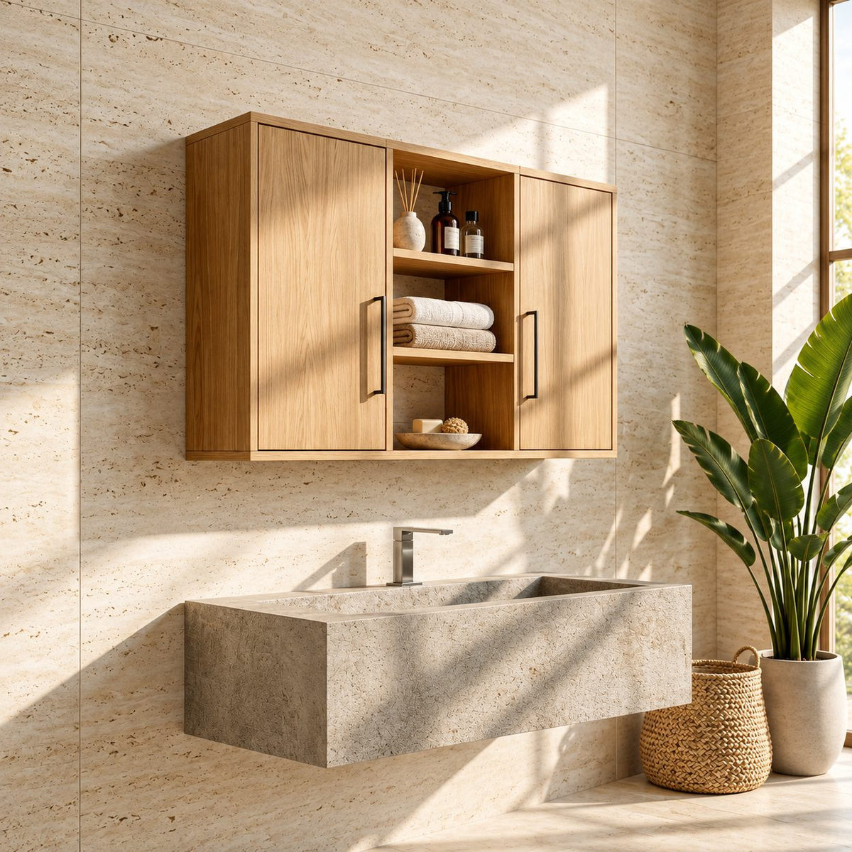 Clean Line Two Door Bathroom Wall Cabinet with Open Center Shelves, Minimalist Solid Wood 40-71 Inch