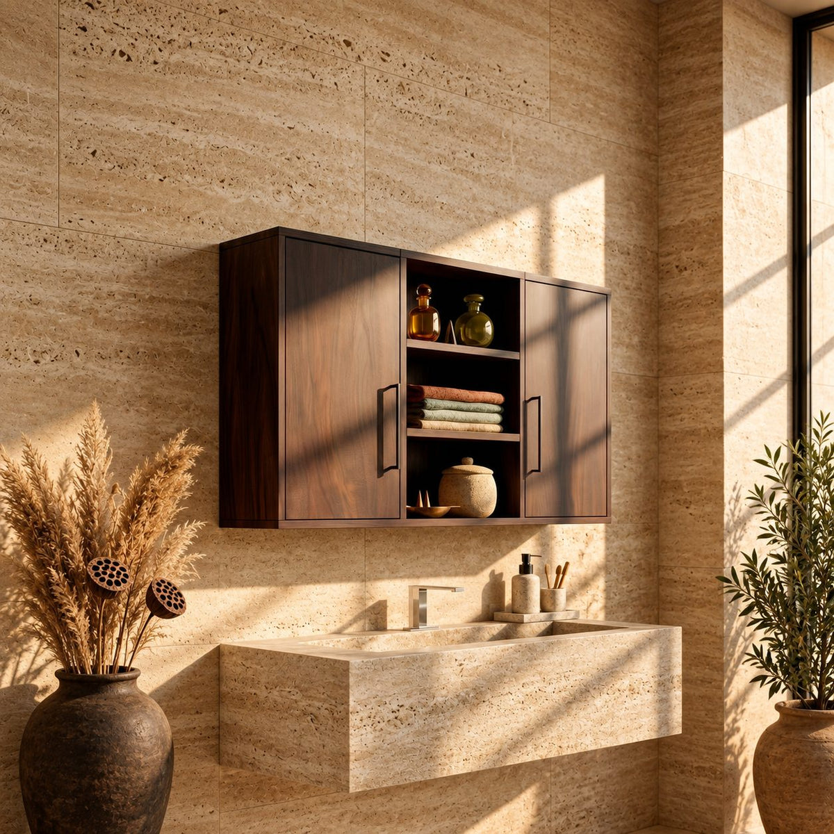 Clean Line Two Door Bathroom Wall Cabinet with Open Center Shelves, Minimalist Solid Wood 40-71 Inch