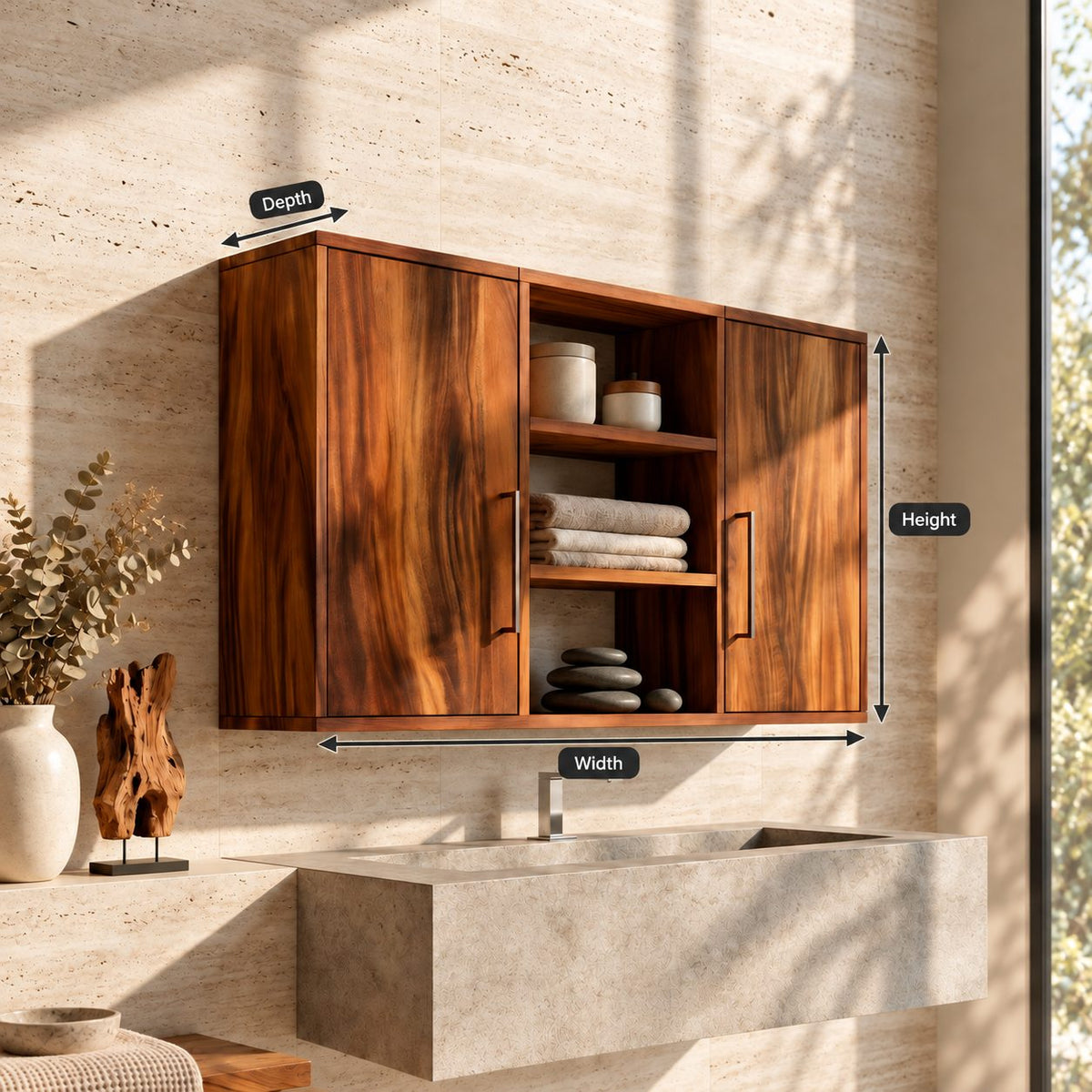 Clean Line Two Door Bathroom Wall Cabinet with Open Center Shelves, Minimalist Solid Wood 40-71 Inch