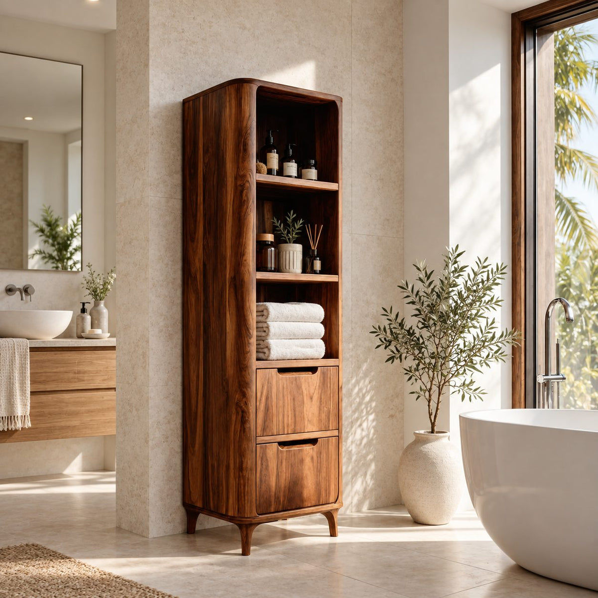 Slim Linen Tower Bathroom Cabinet with Open Shelves and Two Drawers, Tapered Leg Solid Wood Storage