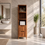 Slim Linen Tower Bathroom Cabinet with Open Shelves and Two Drawers, Tapered Leg Solid Wood Storage