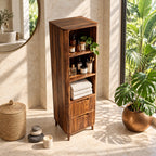 Slim Linen Tower Bathroom Cabinet with Open Shelves and Two Drawers, Tapered Leg Solid Wood Storage