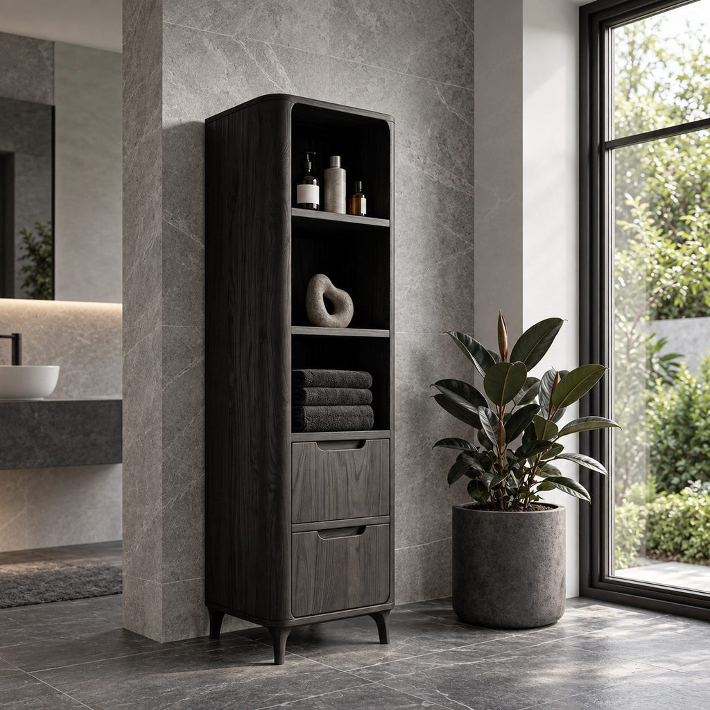 Slim Linen Tower Bathroom Cabinet with Open Shelves and Two Drawers, Tapered Leg Solid Wood Storage