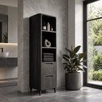 Slim Linen Tower Bathroom Cabinet with Open Shelves and Two Drawers, Tapered Leg Solid Wood Storage