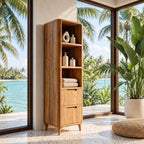 Slim Linen Tower Bathroom Cabinet with Open Shelves and Two Drawers, Tapered Leg Solid Wood Storage