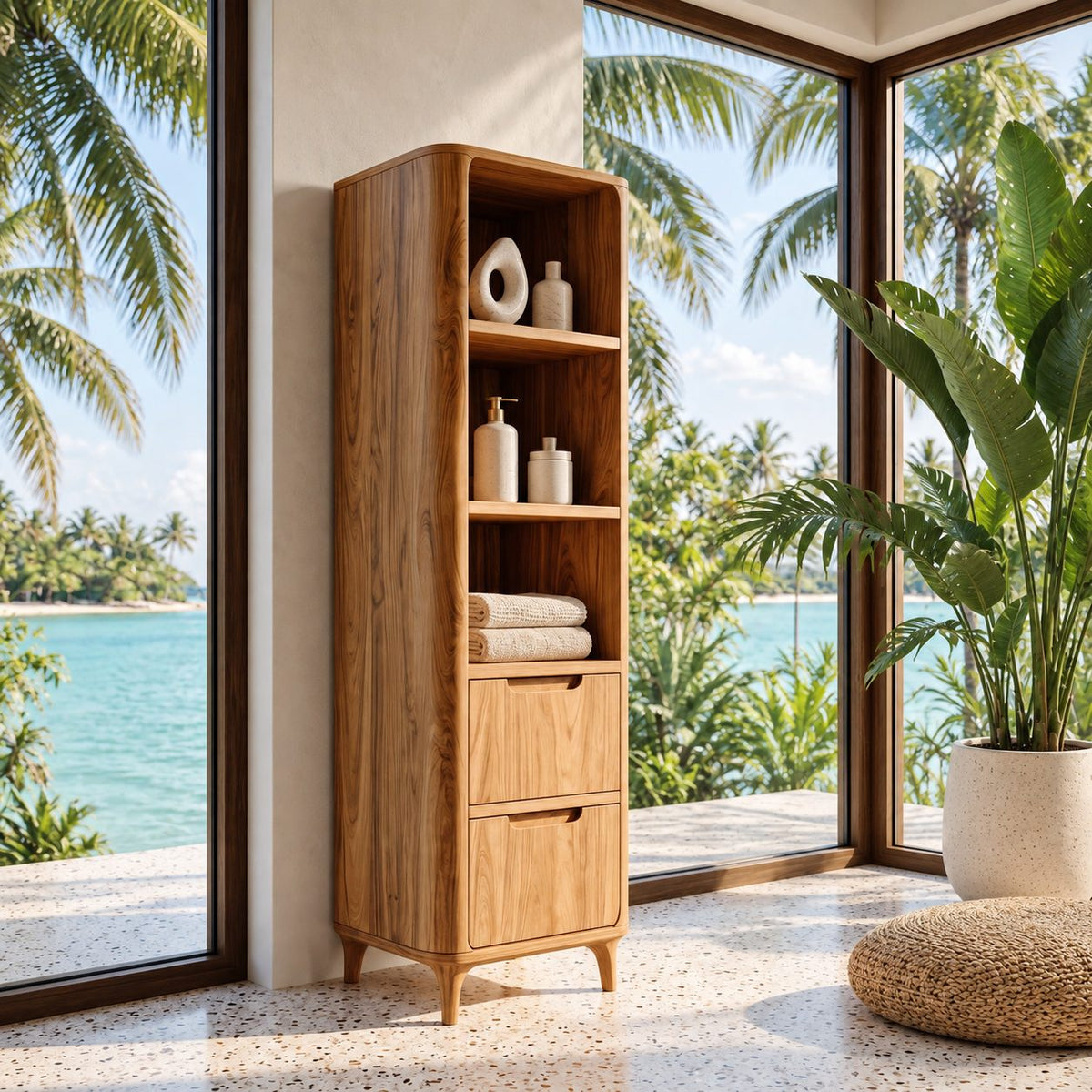Slim Linen Tower Bathroom Cabinet with Open Shelves and Two Drawers, Tapered Leg Solid Wood Storage