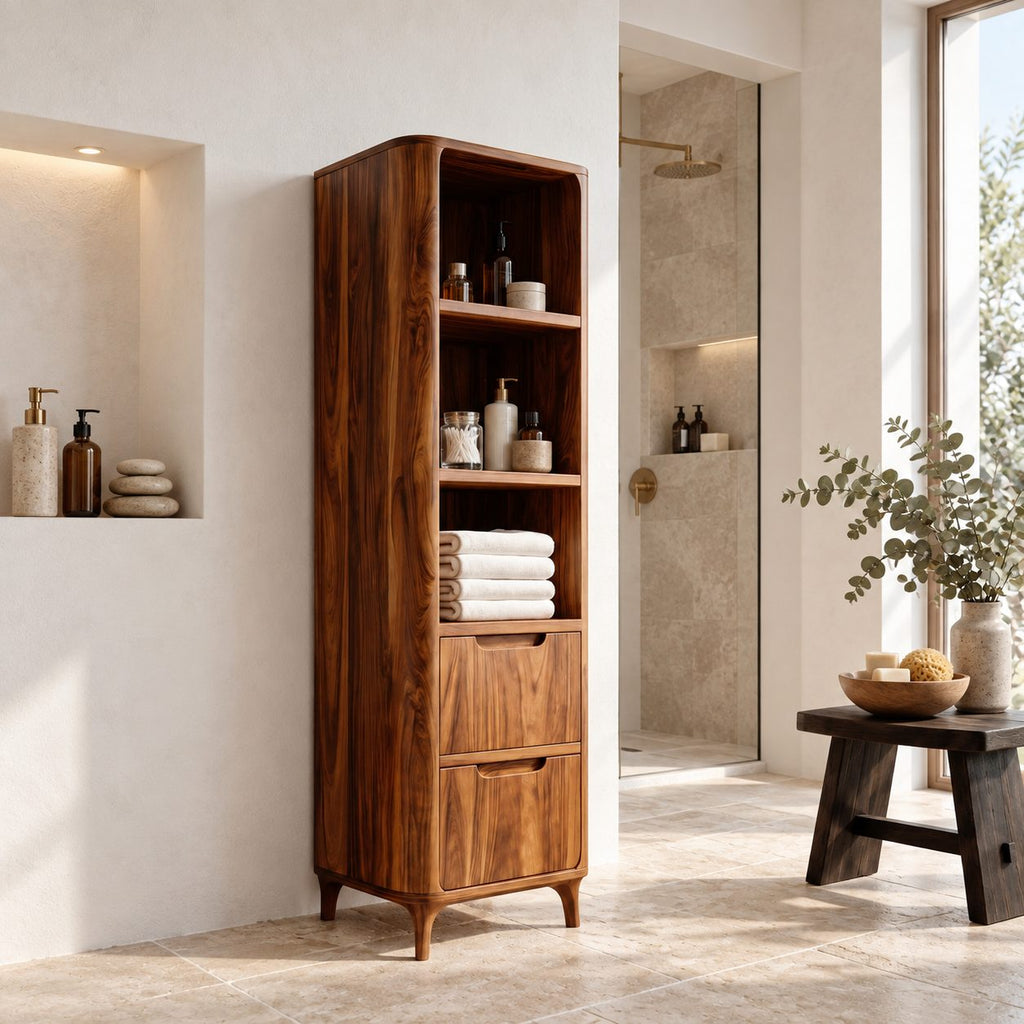 Slim Linen Tower Bathroom Cabinet with Open Shelves and Two Drawers, Tapered Leg Solid Wood Storage