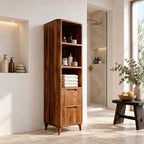 Slim Linen Tower Bathroom Cabinet with Open Shelves and Two Drawers, Tapered Leg Solid Wood Storage