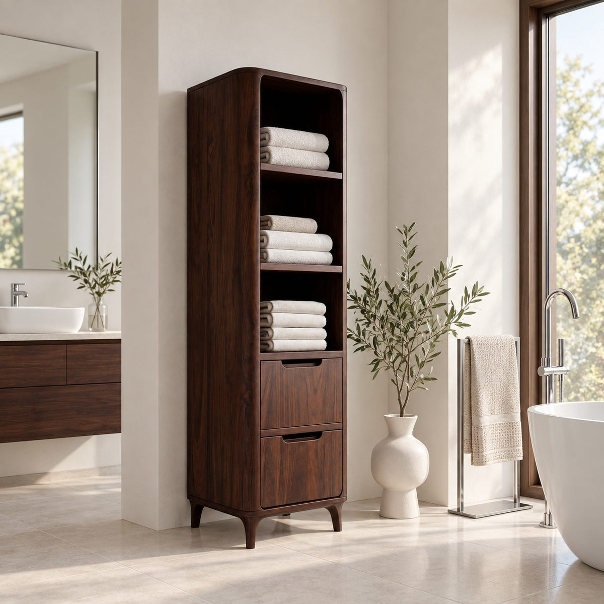 Slim Linen Tower Bathroom Cabinet with Open Shelves and Two Drawers, Tapered Leg Solid Wood Storage