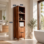 Slim Linen Tower Bathroom Cabinet with Open Shelves and Two Drawers, Tapered Leg Solid Wood Storage