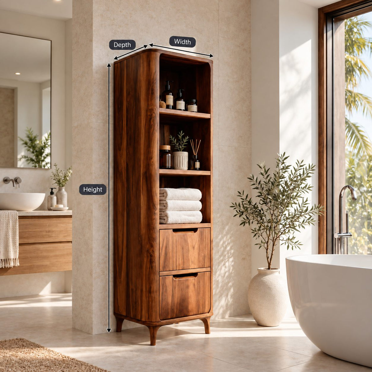 Slim Linen Tower Bathroom Cabinet with Open Shelves and Two Drawers, Tapered Leg Solid Wood Storage