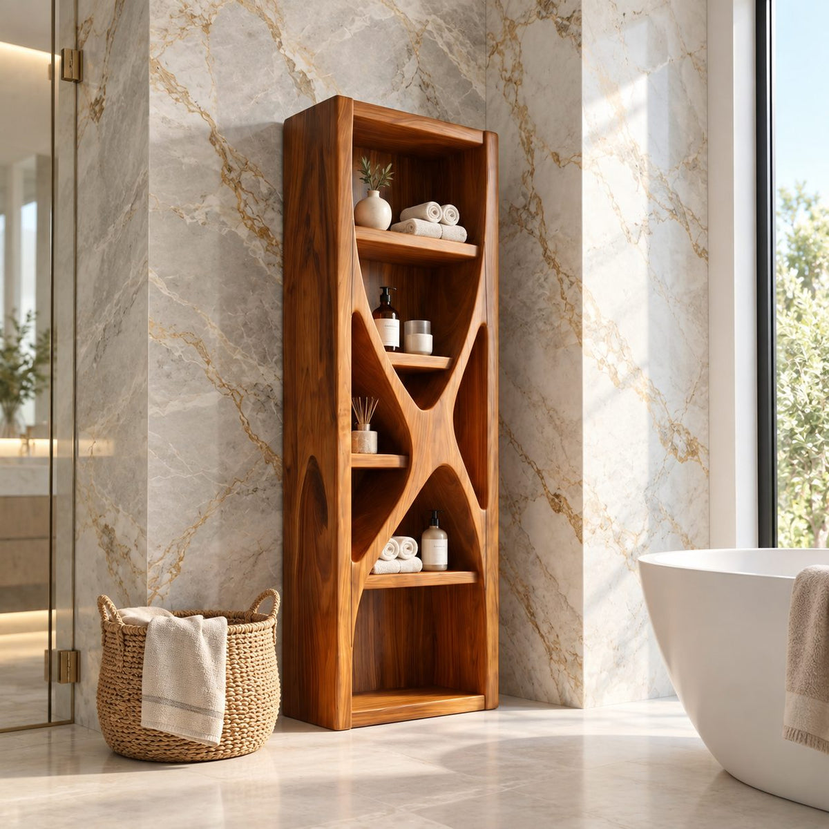 Hourglass Divider Bathroom Shelf Tower, Sculptural Open Solid Wood Towel and Toiletry Storage Unit