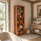Hourglass Divider Bathroom Shelf Tower, Sculptural Open Solid Wood Towel and Toiletry Storage Unit