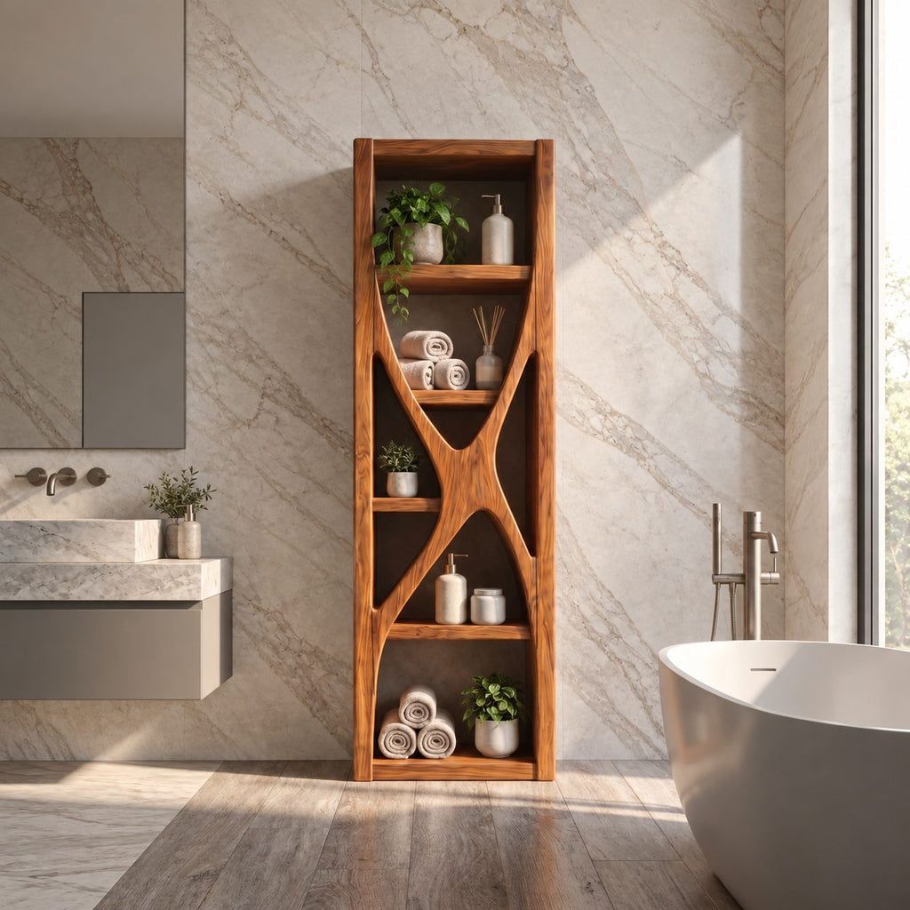 Hourglass Divider Bathroom Shelf Tower, Sculptural Open Solid Wood Towel and Toiletry Storage Unit