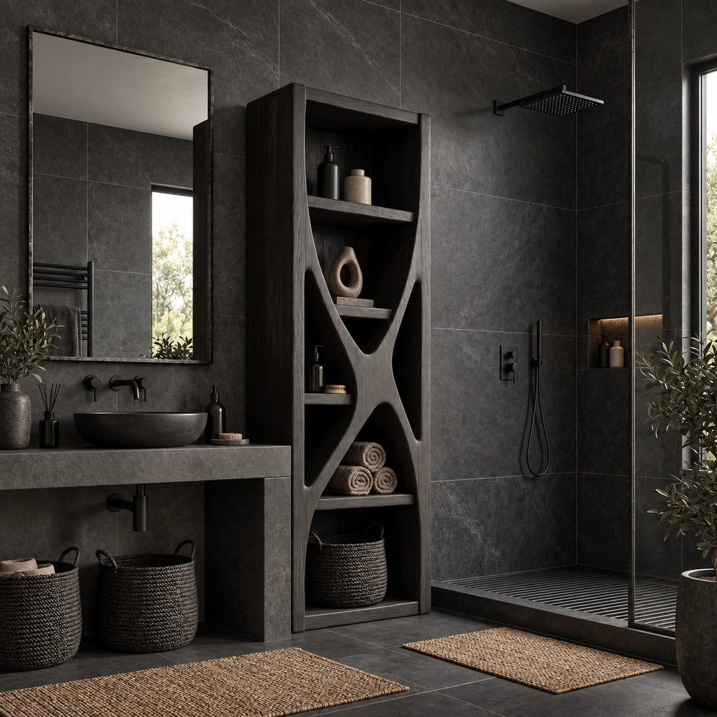 Hourglass Divider Bathroom Shelf Tower, Sculptural Open Solid Wood Towel and Toiletry Storage Unit