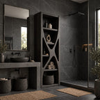 Hourglass Divider Bathroom Shelf Tower, Sculptural Open Solid Wood Towel and Toiletry Storage Unit