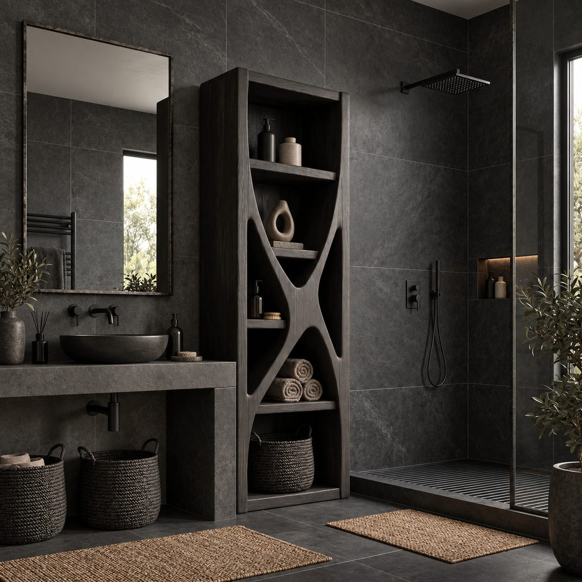 Hourglass Divider Bathroom Shelf Tower, Sculptural Open Solid Wood Towel and Toiletry Storage Unit