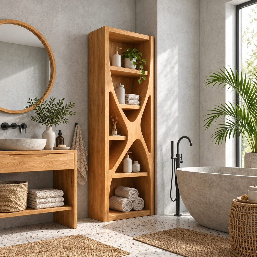 Hourglass Divider Bathroom Shelf Tower, Sculptural Open Solid Wood Towel and Toiletry Storage Unit