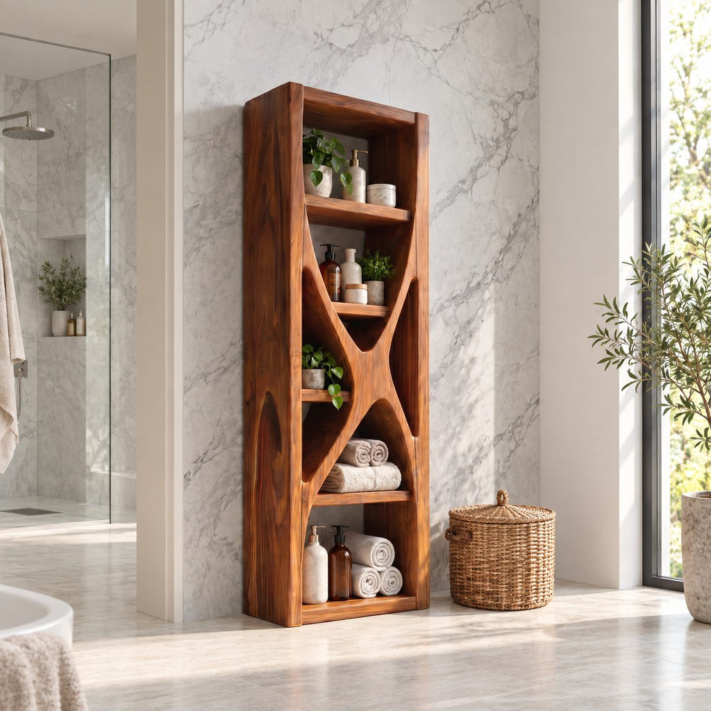 Hourglass Divider Bathroom Shelf Tower, Sculptural Open Solid Wood Towel and Toiletry Storage Unit