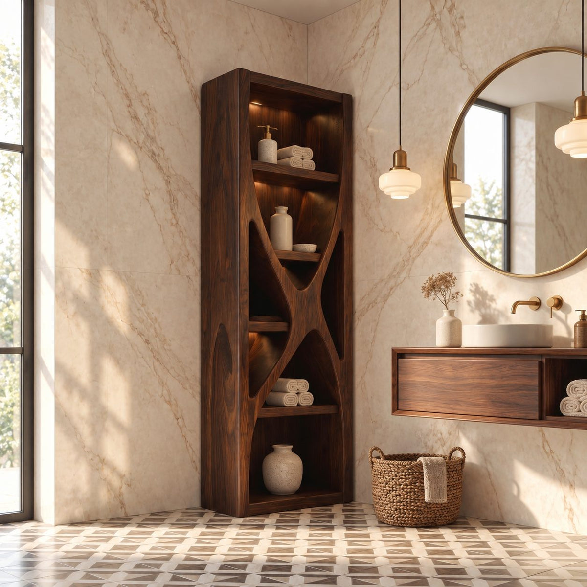 Hourglass Divider Bathroom Shelf Tower, Sculptural Open Solid Wood Towel and Toiletry Storage Unit