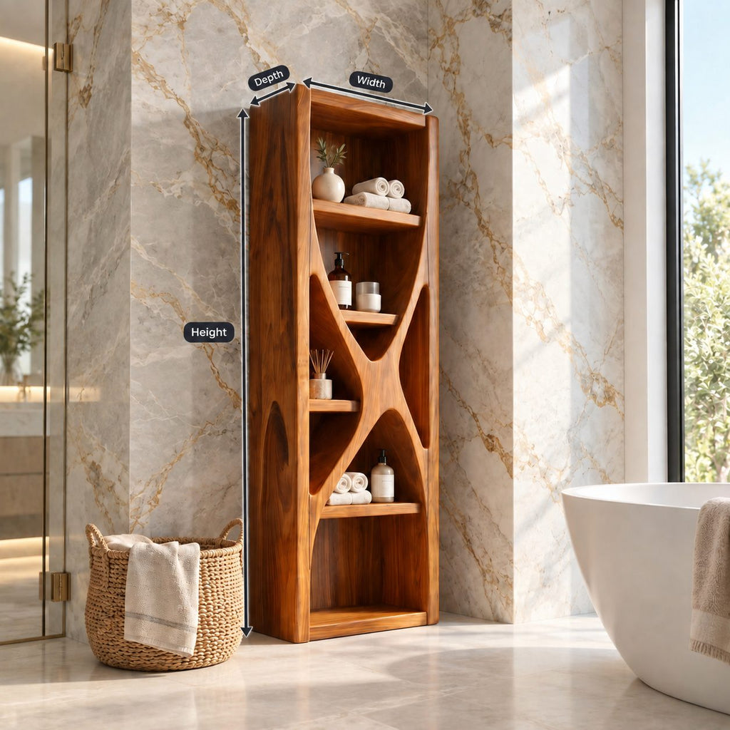 Hourglass Divider Bathroom Shelf Tower, Sculptural Open Solid Wood Towel and Toiletry Storage Unit