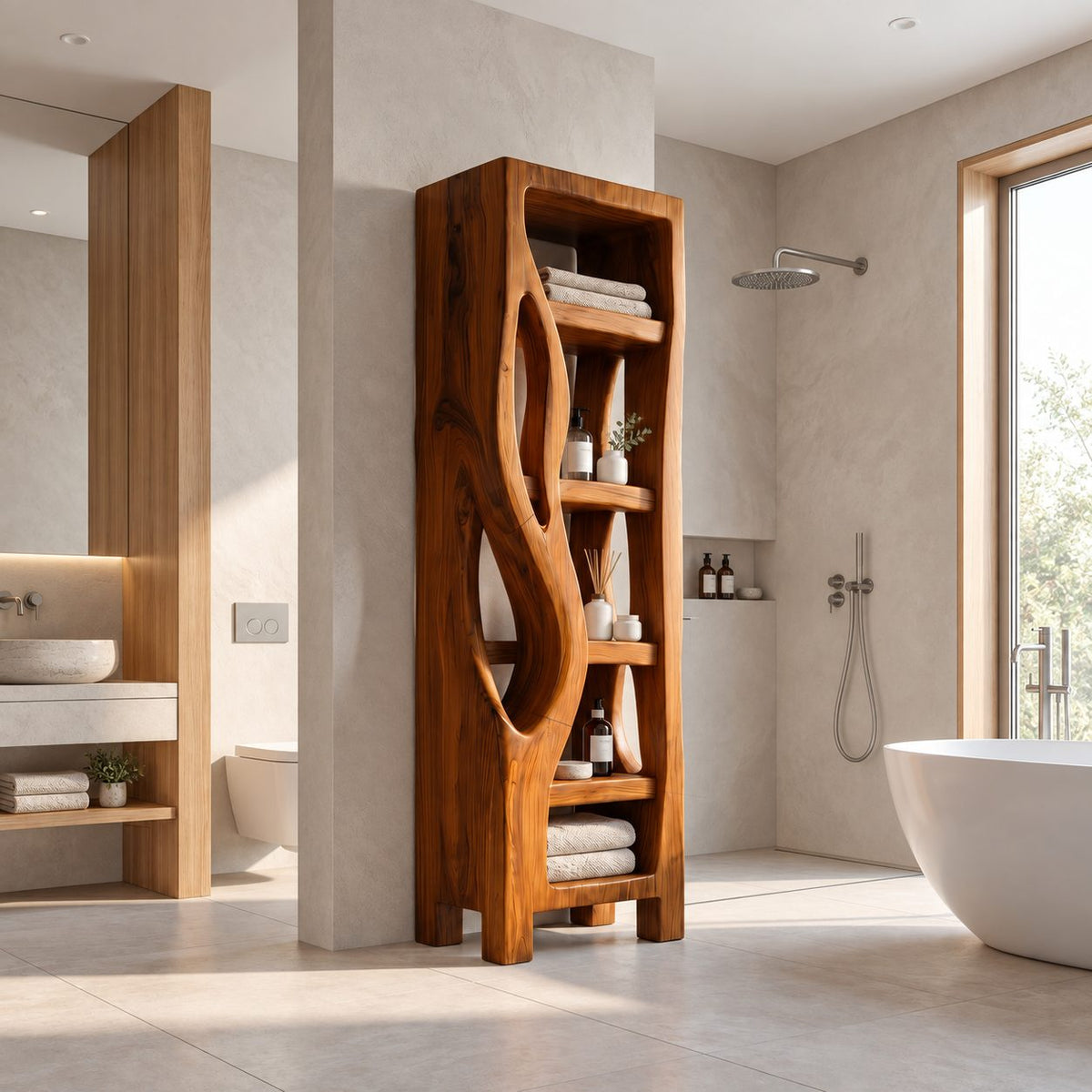 Organic Cutout Side Bathroom Shelf Tower, Open Freestanding Solid Wood Towel and Toiletry Storage