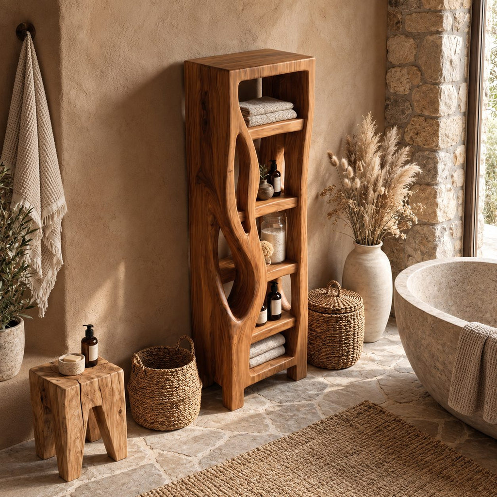 Organic Cutout Side Bathroom Shelf Tower, Open Freestanding Solid Wood Towel and Toiletry Storage