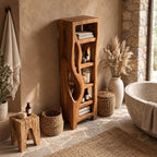 Organic Cutout Side Bathroom Shelf Tower, Open Freestanding Solid Wood Towel and Toiletry Storage