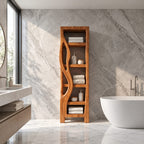 Organic Cutout Side Bathroom Shelf Tower, Open Freestanding Solid Wood Towel and Toiletry Storage