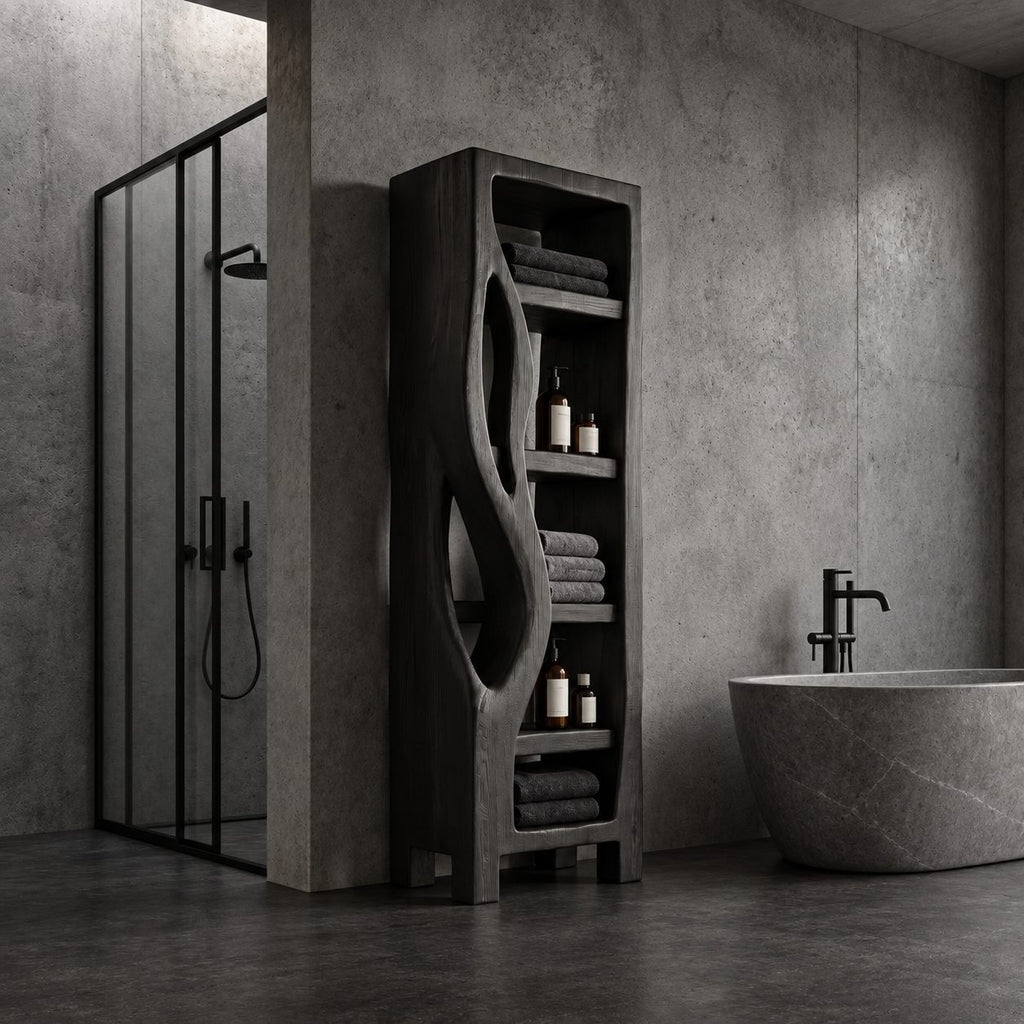 Organic Cutout Side Bathroom Shelf Tower, Open Freestanding Solid Wood Towel and Toiletry Storage