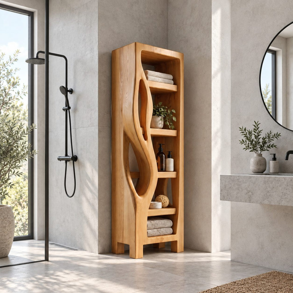 Organic Cutout Side Bathroom Shelf Tower, Open Freestanding Solid Wood Towel and Toiletry Storage