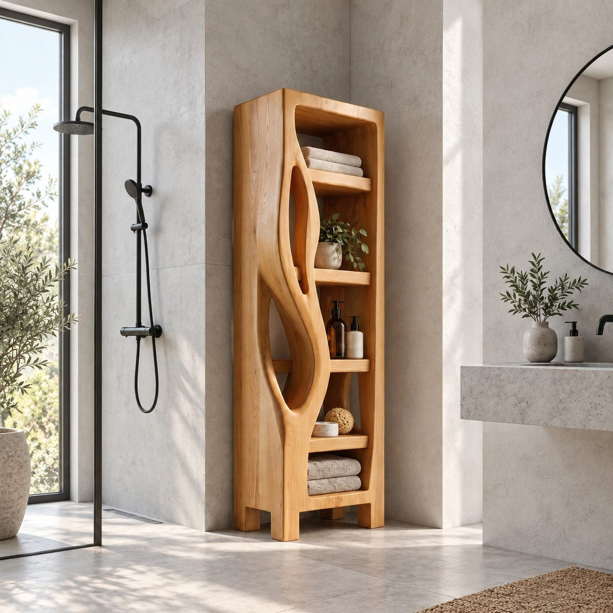 Organic Cutout Side Bathroom Shelf Tower, Open Freestanding Solid Wood Towel and Toiletry Storage
