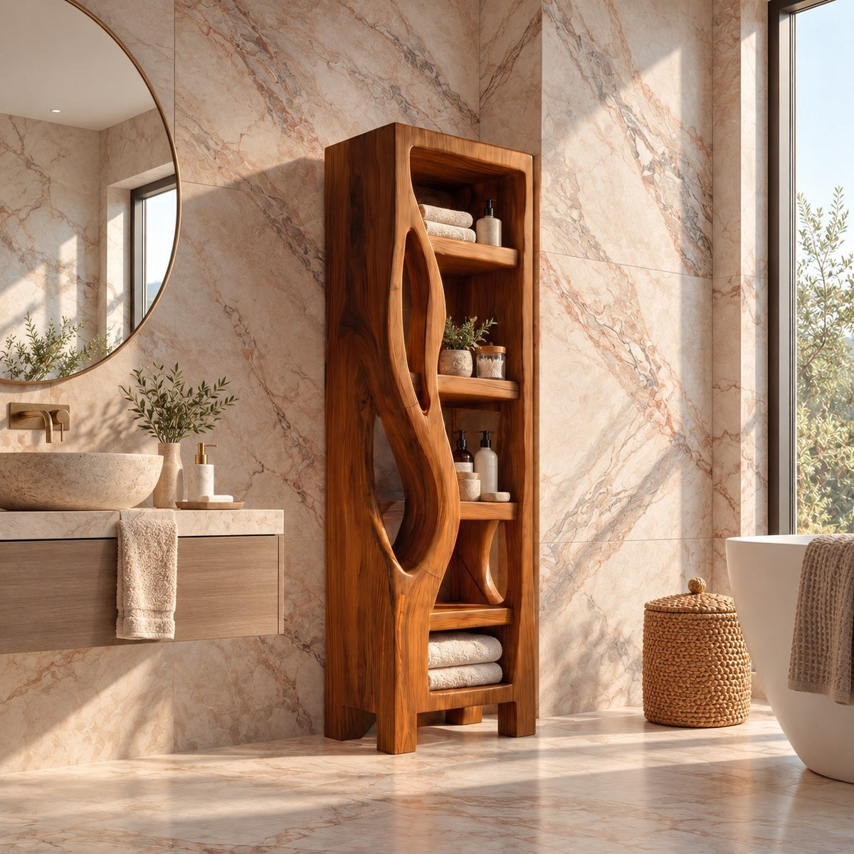 Organic Cutout Side Bathroom Shelf Tower, Open Freestanding Solid Wood Towel and Toiletry Storage