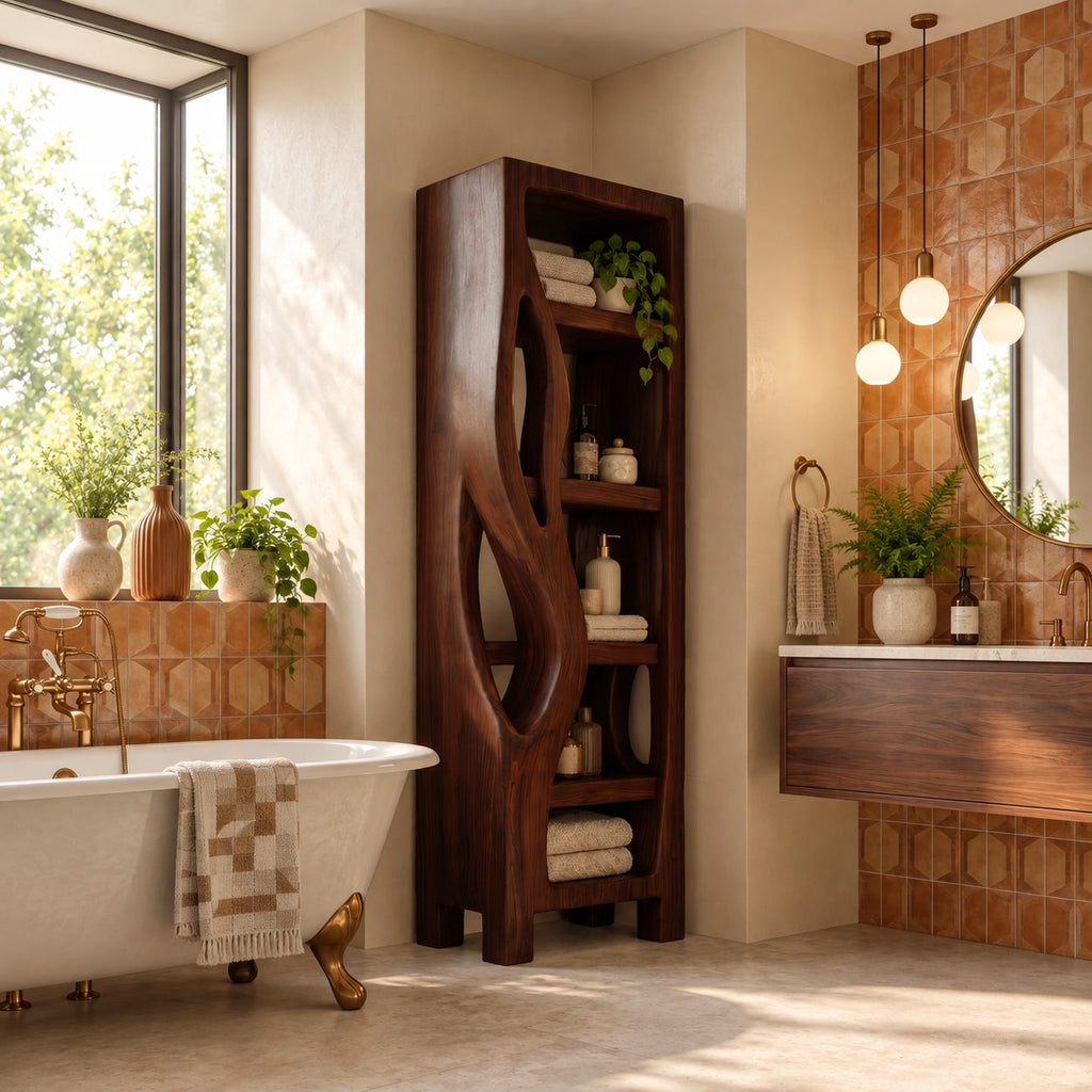 Organic Cutout Side Bathroom Shelf Tower, Open Freestanding Solid Wood Towel and Toiletry Storage