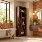 Organic Cutout Side Bathroom Shelf Tower, Open Freestanding Solid Wood Towel and Toiletry Storage