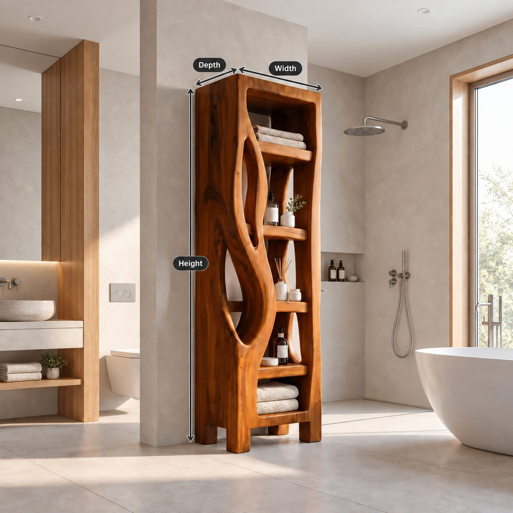 Organic Cutout Side Bathroom Shelf Tower, Open Freestanding Solid Wood Towel and Toiletry Storage